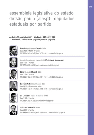 271
Av. Pedro Álvares Cabral, 201 - São Paulo - CEP 04097-900
11 3886-6000 | comsocial@al.sp.gov.br | www.al.sp.gov.br
André Bezerra Ribeiro Soares - DEM
Salas 4001 / 4002 - 4o
andar
11 3886-6541 / 6542 | Fax: 3052-2481 | asoares@al.sp.gov.br
Antônio Cezar Correia Freire – DEM (Cezinha de Madureira)
Sala 1101 - 1o
andar
11 3886-6676 / 6677 | cezinhademadureira@al.sp.gov.br
Edmir José Abi Chedid - DEM
Sala 2108 - 2o
andar
11 3886-6787 / 6791 | Fax: 3884-2561 | echedid@al.sp.gov.br
Estevam Galvão de Oliveira - DEM
Sala M 59 - Monumental andar
11 3886-6173 / 6174 | Fax: 3885-2165 | egalvao@al.sp.gov.br
Gil Lancaster Frazão de Moraes - DEM
Sala 3107 - 3o
andar
11 3886-6389 / 6395 | gillancaster@al.sp.gov.br
José Aldo Demarchi - DEM
Sala 2006 - 2o
andar
11 3886-6453 / 6454 | Fax: 3884-4014 | ademarchi@al.sp.gov.br
 