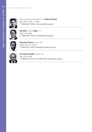 Fundação Prefeito Faria Lima – Cepam
282
Marco Aurélio dos Santos Neves - PV (Marcos Neves)
Salas 1012 a 1015 - 1o
andar
11 3886-6644 / 6656 | marcosneves@al.sp.gov.br
Reinaldo de Souza Alguz - PV
Sala T 110 - térreo
11 3886-6499 / 6878 | reinaldoalguz@al.sp.gov.br
Alexandre Pereira da Silva - SD
Salas T 10 a T 13 - térreo
11 3886-6476 / 6428 | alexandrepereira@al.sp.gov.br
Luiz Carlos Gondim Teixeira - SD
Sala T 104 - térreo
11 3886-6549 / 6552 | Fax: 3884-0956 | lcgondim@al.sp.gov.br
 