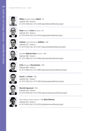 Fundação Prefeito Faria Lima – Cepam
288
Milton Antônio Casquel Monti - PR
Gabinete 328 - Anexo 4
61 3215-5328 | Fax: 3215-2328 | dep.miltonmonti@camara.leg.br
Paulo Roberto Freire da Costa - PR
Gabinete 416 - Anexo 4
61 3215-5416 | Fax: 3215-2416 | dep.paulofreire@camara.leg.br
Antônio Carlos Martins de Bulhões - PRB
Gabinete 327 - Anexo 4
61 3215-5327 | Fax: 3215-2327 | dep.antoniobulhoes@camara.leg.br
Benedito Roberto Alves Ferreira - PRB
Gabinete 946 - Anexo 4
61 3215-5946 | Fax: 3215-2946 | dep.robertoalves@camara.leg.br
Celso Ubirajara Russomanno - PRB
Gabinete 960 - Anexo 4
61 3215-5960 | Fax: 3215-2960 | dep.celsorussomanno@camara.leg.br
Fausto Ruy Pinato - PRB
Gabinete 562 - Anexo 4
61 3215-5562 | Fax: 3215-2562 | dep.faustopinato@camara.leg.br
Marcelo Squassoni - PRB
Gabinete 550 - Anexo 4
61 3215-5550 | Fax: 3215-2550 | dep.marcelosquassoni@camara.leg.br
Paulo Roberto Gomes Mansur - PRB (Beto Mansur)
Gabinete 616 - Anexo 4
61 3215-5616 | Fax: 3215-2616 | dep.betomansur@camara.leg.br
 