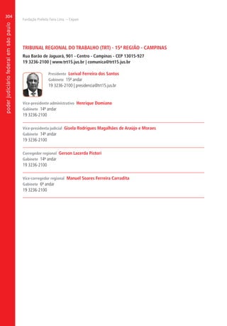 Fundação Prefeito Faria Lima – Cepam
304
TRIBUNAL REGIONAL DO TRABALHO (TRT) - 15ª REGIÃO - CAMPINAS
Rua Barão de Jaguará, 901 - Centro - Campinas - CEP 13015-927
19 3236-2100 | www.trt15.jus.br | comunica@trt15.jus.br
Presidente Lorival Ferreira dos Santos
Gabinete 15º andar
19 3236-2100 | presidencia@trt15.jus.br
Vice-presidente administrativo Henrique Domiano
Gabinete 14º andar
19 3236-2100
Vice-presidenta judicial Gisela Rodrigues Magalhães de Araújo e Moraes
Gabinete 14º andar
19 3236-2100
Corregedor regional Gerson Lacerda Pistori
Gabinete 14º andar
19 3236-2100
Vice-corregedor regional Manuel Soares Ferreira Carradita
Gabinete 6º andar
19 3236-2100
 