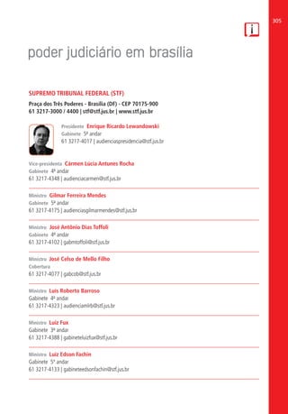 305
SUPREMO TRIBUNAL FEDERAL (STF)
Praça dos Três Poderes - Brasília (DF) - CEP 70175-900
61 3217-3000 / 4400 | stf@stf.jus.br | www.stf.jus.br
Presidente Enrique Ricardo Lewandowski
Gabinete 5º andar
61 3217-4017 | audienciaspresidencia@stf.jus.br
Vice-presidenta Cármen Lúcia Antunes Rocha
Gabinete 4º andar
61 3217-4348 | audienciacarmen@stf.jus.br
Ministro Gilmar Ferreira Mendes
Gabinete 5º andar
61 3217-4175 | audienciasgilmarmendes@stf.jus.br
Ministro José Antônio Dias Toffoli
Gabinete 4º andar
61 3217-4102 | gabmtoffoli@stf.jus.br
Ministro José Celso de Mello Filho
Cobertura
61 3217-4077 | gabcob@stf.jus.br
Ministro Luís Roberto Barroso
Gabinete 4º andar
61 3217-4323 | audienciamlrb@stf.jus.br
Ministro Luiz Fux
Gabinete 3º andar
61 3217-4388 | gabineteluizfux@stf.jus.br
Ministro Luiz Edson Fachin
Gabinete 5º andar
61 3217-4133 | gabineteedsonfachin@stf.jus.br
 