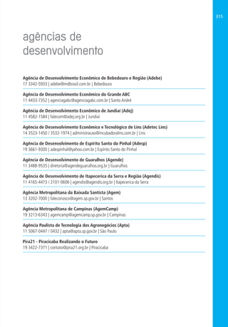 315
Agência de Desenvolvimento Econômico de Bebedouro e Região (Adebe)
17 3342-5933 | adebe@mdbrasil.com.br | Bebedouro
Agência de Desenvolvimento Econômico do Grande ABC
11 4433-7352 | agenciagabc@agenciagabc.com.br | Santo André
Agência de Desenvolvimento Econômico de Jundiaí (Adej)
11 4582-1584 | falecom@adej.org.br | Jundiaí
Agência de Desenvolvimento Econômico e Tecnológico de Lins (Adetec Lins)
14 3523-1450 / 3532-1974 | administracao@incubadoralins.com.br | Lins
Agência de Desenvolvimento de Espírito Santo do Pinhal (Adesp)
19 3661-9300 | adespinhal@yahoo.com.br | Espírito Santo do Pinhal
Agência de Desenvolvimento de Guarulhos (Agende)
11 3488-9535 | diretoria@agendeguarulhos.org.br | Guarulhos
Agência de Desenvolvimento de Itapecerica da Serra e Região (Agendis)
11 4165-4473 / 2101-0606 | agendis@agendis.org.br | Itapecerica da Serra
Agência Metropolitana da Baixada Santista (Agem)
13 3202-7000 | faleconosco@agem.sp.gov.br | Santos
Agência Metropolitana de Campinas (AgemCamp)
19 3213-6343 | agemcamp@agemcamp.sp.gov.br | Campinas
Agência Paulista de Tecnologia dos Agronegócios (Apta)
11 5067-0447 / 0432 | apta@apta.sp.gov.br | São Paulo
Pira21 - Piracicaba Realizando o Futuro
19 3422-7371 | contato@pira21.org.br | Piracicaba
 