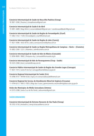 Fundação Prefeito Faria Lima – Cepam
322
Consórcio Intermunicipal de Saúde da Nova Alta Paulista (Cisnap)
18 3821-3266 | Dracena | cisnapdracena@gmail.com
Consórcio Intermunicipal de Saúde 8 de Abril
19 3891-4489 | Mogi-Mirim | consorcio8deabril@gmail.com / coordenacao8deabril@gmail.com
Consórcio Intermunicipal de Saúde da Região de Fernandópolis (Cisarf)
17 3463-1252 / 1539 | Fernandópolis | cisarf@hotmail.com
Consórcio Intermunicipal de Saúde da Região de Jales (Consirj)
17 3621-4386 / 3632-8735 | Jales | consirjconsorcio@yahoo.com.br
Consórcio Intermunicipal de Saúde na Região Metropolitana de Campinas – Norte – (Cismetro)
19 3802-2300 / 2221 | Holambra | adm@cismetro.com.br
Consórcio Intermunicipal de Saúde do Vale do Ribeira (Consaúde)
13 3856-9600 / 9682 | Pariquera-Açu | consaude@consaude.org.br
Consórcio Intermunicipal do Vale do Paranapanema (Civap - Saúde)
18 3323-2368 | Assis | contato@civap.com.br
Consórcio Público Intermunicipal de Saúde da Região dos Grandes Lagos (Consagra)
17 3631-1015 | Santa Fé do Sul | consagra@santafedosul.sp.gov.br
Consórcio Regional Intermunicipal de Saúde (Cris)
14 3496-4737 / 99784-4230 | Tupã | cris-consorciodesaude@hotmail.com
Consórcio Regional do Serviço de Atendimento Móvel de Urgência (Cresamu)
11 4794-6212 / 99512-7825 | Mogi das Cruzes | gerenciamento.cresamu@mogidascruzes.sp.gov.br
União dos Municípios da Média Sorocabana (Ummes)
14 3373-2288 | Santa Cruz do Rio Pardo | admummes@gmail.com
SAÚDE/URBANISMO
Consórcio Intermunicipal do Extremo Noroeste de São Paulo (Ciensp)
18 3702-3150 | Andradina | ciensp.licitacao@terra.com.br
 
