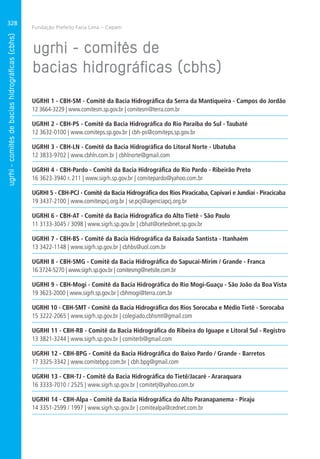 Fundação Prefeito Faria Lima – Cepam
328
UGRHI 1 - CBH-SM - Comitê da Bacia Hidrográfica da Serra da Mantiqueira - Campos do Jordão
12 3664-3229 | www.comitesm.sp.gov.br | comitesm@terra.com.br
UGRHI 2 - CBH-PS - Comitê da Bacia Hidrográfica do Rio Paraíba do Sul - Taubaté
12 3632-0100 | www.comiteps.sp.gov.br | cbh-ps@comiteps.sp.gov.br
UGRHI 3 - CBH-LN - Comitê da Bacia Hidrográfica do Litoral Norte - Ubatuba
12 3833-9702 | www.cbhln.com.br | cbhlnorte@gmail.com
UGRHI 4 - CBH-Pardo - Comitê da Bacia Hidrográfica do Rio Pardo - Ribeirão Preto
16 3623-3940 r. 211 | www.sigrh.sp.gov.br | comitepardo@yahoo.com.br
UGRHI 5 - CBH-PCJ - Comitê da Bacia Hidrográfica dos Rios Piracicaba, Capivari e Jundiaí - Piracicaba
19 3437-2100 | www.comitespcj.org.br | se.pcj@agenciapcj.org.br
UGRHI 6 - CBH-AT - Comitê da Bacia Hidrográfica do Alto Tietê - São Paulo
11 3133-3045 / 3098 | www.sigrh.sp.gov.br | cbhat@cetesbnet.sp.gov.br
UGRHI 7 - CBH-BS - Comitê da Bacia Hidrográfica da Baixada Santista - Itanhaém
13 3422-1148 | www.sigrh.sp.gov.br | cbhbs@uol.com.br
UGRHI 8 - CBH-SMG - Comitê da Bacia Hidrográfica do Sapucaí-Mirim / Grande - Franca
16 3724-5270 | www.sigrh.sp.gov.br | comitesmg@netsite.com.br
UGRHI 9 - CBH-Mogi - Comitê da Bacia Hidrográfica do Rio Mogi-Guaçu - São João da Boa Vista
19 3623-2000 | www.sigrh.sp.gov.br | cbhmogi@terra.com.br
UGRHI 10 - CBH-SMT - Comitê da Bacia Hidrográfica dos Rios Sorocaba e Médio Tietê - Sorocaba
15 3222-2065 | www.sigrh.sp.gov.br | colegiado.cbhsmt@gmail.com
UGRHI 11 - CBH-RB - Comitê da Bacia Hidrográfica do Ribeira do Iguape e Litoral Sul - Registro
13 3821-3244 | www.sigrh.sp.gov.br | comiterb@gmail.com
UGRHI 12 - CBH-BPG - Comitê da Bacia Hidrográfica do Baixo Pardo / Grande - Barretos
17 3325-3342 | www.comitebpg.com.br | cbh.bpg@gmail.com
UGRHI 13 - CBH-TJ - Comitê da Bacia Hidrográfica do Tietê/Jacaré - Araraquara
16 3333-7010 / 2525 | www.sigrh.sp.gov.br | comitetj@yahoo.com.br
UGRHI 14 - CBH-Alpa - Comitê da Bacia Hidrográfica do Alto Paranapanema - Piraju
14 3351-2599 / 1997 | www.sigrh.sp.gov.br | comitealpa@cednet.com.br
 