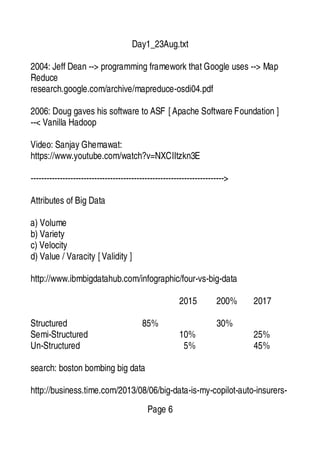 Day1_23Aug.txt
2004: Jeff Dean --> programming framework that Google uses --> Map
Reduce
research.google.com/archive/mapreduce-osdi04.pdf
2006: Doug gaves his software to ASF [Apache Software Foundation ]
--< Vanilla Hadoop
Video: Sanjay Ghemawat:
https://www.youtube.com/watch?v=NXCIItzkn3E
------------------------------------------------------------------------->
Attributes of Big Data
a) Volume
b) Variety
c) Velocity
d) Value / Varacity [Validity ]
http://www.ibmbigdatahub.com/infographic/four-vs-big-data
2015 200% 2017
Structured 85% 30%
Semi-Structured 10% 25%
Un-Structured 5% 45%
search: boston bombing big data
http://business.time.com/2013/08/06/big-data-is-my-copilot-auto-insurers-
Page 6
 