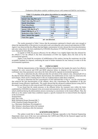 Evaluation of the photo-catalytic oxidation process with commercial ZnO for real textiles...
www.irjes.com 6 | Page
Table 2: Evaluation of the photo-degradation in semi-pilot scale.
PARAMETER Effluent 4 Effluent 5
Inicial Color (Kg PtCo m-3
) 0.572 0.746
Final Color (Kg PtCo m-3
) 0.036 0.063
Inicial Absorbance 0.229 0.256
Final Absorbance 0.020 0.013
Decolouration (%) 91.3 95.0
Inicial COD (Kg O2 m-3
) 0.2361 0.2402
Final COD (Kg O2 m-3
) 0.1304 0.1217
Reduction of the COD (%) 44.8 49.33
Zinco Inicial Zinc (ppm) nd nd
Final Zinc (ppm) 32.1 34.7
nd - not detected.
The results presented in Table 2 shows that the parameters optimized in bench scale were enough to
obtain the reproducibility of the process in semi-pilot scale, providing the color removal and reduction of COD.
Again it was observed that the effluent that had higher concentration of color showed the lowest decolorization,
and color values below the limit established by CONAMA Resolution 357/2005 for disposal in the environment
were obtained for both effluents.
In regards to COD, the process efficiency for the effluent 5 was slightly higher than that obtained for
the effluent 4. For the effluent 4, the final concentration of COD was slightly above the limit set by the
environmental agencies.
Again, it was found the occurrence of solubilization of the catalyst, leaving the wastewater out of the
acceptable standards for disposal, confirming the need of further treatment for zinc removal, in order to fit the
environmental regulations.
IV. CONCLUSION
With the characterization of the industrial effluents obtained from the laundry the need of an effective
treatment for color removal and COD and BOD reduction before its disposal in the environment can be
confirmed, since these parameters were above the limits allowed by regional environmental agencies.
The tests to determine the pH, which provides the activation of the catalysts sites, indicated pH 4.0 as
the ideal for better efficiency of the effluents decolorization, but solubilization of zinc oxide was observed in the
acid solution, which can be a limiting factor to the use of photocatalysis under these conditions.
The tests to determine the best concentration of ZnO indicated that 3.0 Kg m-3
was the concentration
that achieved the best decolorization of the effluent, above this concentration the degradation of the dye
decreased, losing efficiency significantly. The results showed that the advanced oxidation process using ZnO as
the catalyst was efficient in color removal and COD reduction of real textile wastewaters.
It was found that the metals presence in the effluents before the treatment were within the limits
established by CONAMA for disposal in the enviroment and remained so after the treatment except for the zinc,
which solubilized during the photocatalytic process increasing its concentration in the treated effluent. Thus, the
ZnO use as the catalyst under these conditions requires a specific treatment for its removal before the disposal
in the environment.
Nomenclature.
ZnO: Zinc oxide
BOD: Biological Oxigen Demand (ML-3
)
COD: Chemical Oxigen Demand (ML-3
)
λmax: Maximum Absorbance Wavelenght (L)
Absi: Solution’s absorbance before the treatment
Absf: Solution’s absorbance after the treatment
ACKNOWLEDGMENT
The authors would like to thanks the University of Maringá, especially to the Chemical Engineering
Department where most of the tests were performed, the CAPES and CNPq for the financial support and the
laundry that released the effluents to the tests.
 