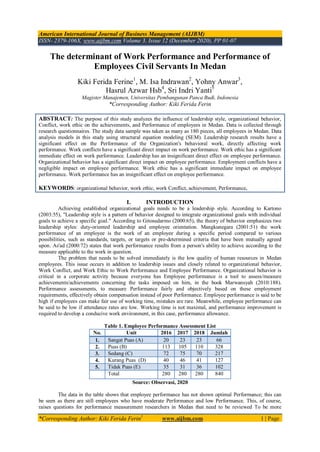American International Journal of Business Management (AIJBM)
ISSN- 2379-106X, www.aijbm.com Volume 3, Issue 12 (December 2020), PP 01-07
*Corresponding Author: Kiki Ferida Ferin1
www.aijbm.com 1 | Page
The determinant of Work Performance and Performance of
Employees Civil Servants In Medan
Kiki Ferida Ferine1
, M. Isa Indrawan2
, Yohny Anwar3
,
Hasrul Azwar Hsb4
, Sri Indri Yanti5
Magister Manajemen, Universitas Pembangunan Panca Budi, Indonesia
*Corresponding Author: Kiki Ferida Ferin
ABSTRACT: The purpose of this study analyzes the influence of leadership style, organizational behavior,
Conflict, work ethic on the achievements, and Performance of employees in Medan. Data is collected through
research questionnaires. The study data sample was taken as many as 180 pieces, all employees in Medan. Data
analysis models in this study using structural equation modeling (SEM). Leadership research results have a
significant effect on the Performance of the Organization's behavioral work, directly affecting work
performance. Work conflicts have a significant direct impact on work performance. Work ethic has a significant
immediate effect on work performance. Leadership has an insignificant direct effect on employee performance.
Organizational behavior has a significant direct impact on employee performance. Employment conflicts have a
negligible impact on employee performance. Work ethic has a significant immediate impact on employee
performance. Work performance has an insignificant effect on employee performance.
KEYWORDS: organizational behavior, work ethic, work Conflict, achievement, Performance,
I. INTRODUCTION
Achieving established organizational goals needs to be a leadership style. According to Kartono
(2003:55), "Leadership style is a pattern of behavior designed to integrate organizational goals with individual
goals to achieve a specific goal." According to Gitosudarmo (2000:65), the theory of behavior emphasizes two
leadership styles: duty-oriented leadership and employee orientation. Mangkunegara (2001:51) the work
performance of an employee is the work of an employee during a specific period compared to various
possibilities, such as standards, targets, or targets or pre-determined criteria that have been mutually agreed
upon. As'ad (2000:72) states that work performance results from a person's ability to achieve according to the
measure applicable to the work in question.
The problem that needs to be solved immediately is the low quality of human resources in Medan
employees. This issue occurs in addition to leadership issues and closely related to organizational behavior,
Work Conflict, and Work Ethic to Work Performance and Employee Performance. Organizational behavior is
critical in a corporate activity because everyone has Employee performance is a tool to assess/measure
achievements/achievements concerning the tasks imposed on him, in the book Marwansyah (2010:188).
Performance assessments, to measure Performance fairly and objectively based on these employment
requirements, effectively obtain compensation instead of poor Performance. Employee performance is said to be
high if employees can make fair use of working time, mistakes are rare. Meanwhile, employee performance can
be said to be low if attendance rates are low. Working time is not maximal, and performance improvement is
required to develop a conducive work environment, in this case, performance allowance.
Table 1. Employee Performance Assessment List
No. Unit 2016 2017 2018 Jumlah
1. Sangat Puas (A) 20 23 23 66
2. Puas (B) 113 105 110 328
3. Sedang (C) 72 75 70 217
4. Kurang Puas (D) 40 46 41 127
5. Tidak Puas (E) 35 31 36 102
Total 280 280 280 840
Source: Observasi, 2020
The data in the table shows that employee performance has not shown optimal Performance; this can
be seen as there are still employees who have moderate Performance and low Performance. This, of course,
raises questions for performance measurement researchers in Medan that need to be reviewed To be more
 