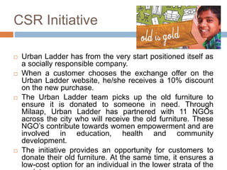 CSR Initiative
 Urban Ladder has from the very start positioned itself as
a socially responsible company.
 When a customer chooses the exchange offer on the
Urban Ladder website, he/she receives a 10% discount
on the new purchase.
 The Urban Ladder team picks up the old furniture to
ensure it is donated to someone in need. Through
Milaap, Urban Ladder has partnered with 11 NGOs
across the city who will receive the old furniture. These
NGO’s contribute towards women empowerment and are
involved in education, health and community
development.
 The initiative provides an opportunity for customers to
donate their old furniture. At the same time, it ensures a
low-cost option for an individual in the lower strata of the
 