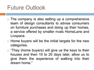 Future Outlook
 The company is also setting up a comprehensive
team of design consultants to advise consumers
on furniture purchases and doing up their homes,
a service offered by smaller rivals HomeLane and
Livspace.
 Home buyers will be the initial targets for the new
categories.
 “They (home buyers) will give us the keys to their
houses and then 15 to 20 days later, allow us to
give them the experience of walking into their
dream home.”
 