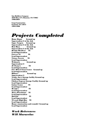 Sun Builders Company
5870 Hwy 6 N, Houston, TX 77084
1998-2004
Long Construction
Garland, TX 75041
1993-1998
Projects Completed
Home Depot Ground up
Supertendent 2 of the Job
Super Targets Ground up
Supertendent 2 of the Job
Best Buys Ground up
Supertendent 2 of the Job
Brooks Brothers TI
Lead Supertendent
Forever 21 TI
Lead Supertendent
Victory Secrets TI
Lead Supertendent
Walmarts Ground up
Supertendent 2
JC Penny's TI
Lead Supertendent
Fire Wheel Town Center Ground up
Lead Supertendent
Hilton's Ground up
Supertendent 2
Trader Joe's Storage facility Ground up
Lead Supertendent
Chicken Express Storage Facility Ground up
Lead Supertendent
Guitar Center TI
Lead Supertendent
Wendy's TI
Lead Supertendent
Men's Warehouse TI
Lead Supertendent
Dal-Tile TI
Lead Supertendent
TI work High Rise TI
Lead Supertendent
House construction and remodel Ground up
Lead Supertendent
Work References
Will Maravelas
 