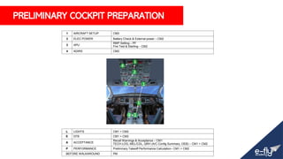 PRELIMINARY COCKPIT PREPARATION
1 AIRCRAFT SETUP CM2
2 ELEC POWER Battery Check & External power – CM2
3 APU
RMP Setting – PF
Fire Test & Starting – CM2
4 ADIRS CM2
L LIGHTS CM1 + CM2
E EFB CM1 + CM2
A ACCEPTANCE
Recall Warnings & Acceptance – CM1
TECH-LOG, MEL/CDL, QRH (A/C Config Summary, OEB) – CM1 + CM2
P PERFORMANCE Preliminary Takeoff Performance Calculation– CM1 + CM2
BEFORE WALKAROUND PM
 