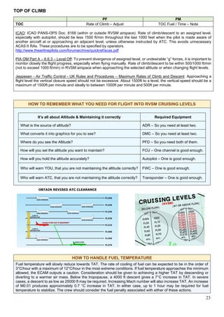 23
TOP OF CLIMB
PF PM
TOC Rate of Climb – Adjust TOC Fuel / Time – Note
ICAO: ICAO PANS-OPS Doc. 8168 (within or outside RVSM airspace): Rate of climb/descent to an assigned level,
especially with autopilot, should be less 1500 ft/min throughout the last 1000 feet when the pilot is made aware of
another aircraft at or approaching an adjacent level, unless otherwise instructed by ATC. This avoids unnecessary
ACAS II RAs. These procedures are to be specified by operators.
http://www.theairlinepilots.com/forumarchive/quickref/acas.pdf
PIA OM Part A – 6.6.3 – Level Off: To prevent divergence of assigned level, or undesirable “g‟ forces, it is important to
monitor closely the flight progress, especially when flying manually. Rate of climb/descent to be within 500/1000 ft/min
(not to exceed 1000 ft/min) in RVSM airspace when approaching the selected altitude or when changing flight levels.
Jeppesen - Air Traffic Control - UK Rules and Procedures – Maximum Rates of Climb and Descent: Approaching a
flight level the vertical closure speed should not be excessive. About 1500ft to a level, the vertical speed should be a
maximum of 1500ft per minute and ideally to between 1000ft per minute and 500ft per minute.
HOW TO REMEMBER WHAT YOU NEED FOR FLIGHT INTO RVSM CRUISING LEVELS
It’s all about Altitude & Maintaining it correctly Required Equipment
What is the source of altitude? ADR – So you need at least two.
What converts it into graphics for you to see? DMC – So you need at least two.
Where do you see the Altitude? PFD – So you need both of them.
How will you set the altitude you want to maintain? FCU – One channel is good enough.
How will you hold the altitude accurately? Autopilot – One is good enough.
Who will warn YOU, that you are not maintaining the altitude correctly? FWC – One is good enough.
Who will warn ATC, that you are not maintaining the altitude correctly? Transponder – One is good enough.
HOW TO HANDLE FUEL TEMPERATURE
Fuel temperature will slowly reduce towards TAT. The rate of cooling of fuel can be expected to be in the order of
3°C/hour with a maximum of 12°C/hour in the most extreme conditions. If fuel temperature approaches the minimum
allowed, the ECAM outputs a caution. Consideration should be given to achieving a higher TAT by descending or
diverting to a warmer air mass. Below the tropopause, a 4000 ft descent gives a 7°C increase in TAT. In severe
cases, a descent to as low as 25000 ft may be required. Increasing Mach number will also increase TAT. An increase
of M0.01 produces approximately 0.7 °C increase in TAT. In either case, up to 1 hour may be required for fuel
temperature to stabilize. The crew should consider the fuel penalty associated with either of these actions.
 