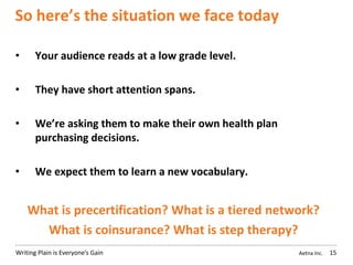 Aetna Inc.Writing Plain is Everyone’s Gain
So here’s the situation we face today
• Your audience reads at a low grade level.
• They have short attention spans.
• We’re asking them to make their own health plan
purchasing decisions.
• We expect them to learn a new vocabulary.
What is precertification? What is a tiered network?
What is coinsurance? What is step therapy?
15
 