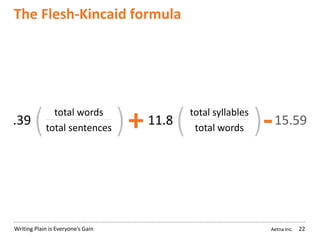 Aetna Inc.Writing Plain is Everyone’s Gain
The Flesh-Kincaid formula
22
.39 15.59
total words
total sentences
total syllables
total words+11.8 -
 