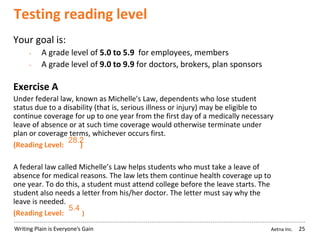 Aetna Inc.Writing Plain is Everyone’s Gain
Testing reading level
25
Your goal is:
• A grade level of 5.0 to 5.9 for employees, members
• A grade level of 9.0 to 9.9 for doctors, brokers, plan sponsors
Exercise A
Under federal law, known as Michelle's Law, dependents who lose student
status due to a disability (that is, serious illness or injury) may be eligible to
continue coverage for up to one year from the first day of a medically necessary
leave of absence or at such time coverage would otherwise terminate under
plan or coverage terms, whichever occurs first.
(Reading Level: )
A federal law called Michelle’s Law helps students who must take a leave of
absence for medical reasons. The law lets them continue health coverage up to
one year. To do this, a student must attend college before the leave starts. The
student also needs a letter from his/her doctor. The letter must say why the
leave is needed.
(Reading Level: )
28.2
5.4
 