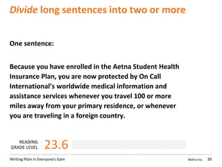 Aetna Inc.Writing Plain is Everyone’s Gain
Divide long sentences into two or more
One sentence:
Because you have enrolled in the Aetna Student Health
Insurance Plan, you are now protected by On Call
International’s worldwide medical information and
assistance services whenever you travel 100 or more
miles away from your primary residence, or whenever
you are traveling in a foreign country.
39
READING
GRADE LEVEL 23.6
 