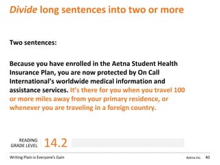Aetna Inc.Writing Plain is Everyone’s Gain
Divide long sentences into two or more
Two sentences:
Because you have enrolled in the Aetna Student Health
Insurance Plan, you are now protected by On Call
International’s worldwide medical information and
assistance services. It’s there for you when you travel 100
or more miles away from your primary residence, or
whenever you are traveling in a foreign country.
40
READING
GRADE LEVEL 14.2
 