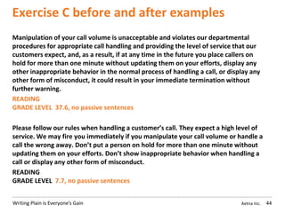 Aetna Inc.Writing Plain is Everyone’s Gain
Exercise C before and after examples
Manipulation of your call volume is unacceptable and violates our departmental
procedures for appropriate call handling and providing the level of service that our
customers expect, and, as a result, if at any time in the future you place callers on
hold for more than one minute without updating them on your efforts, display any
other inappropriate behavior in the normal process of handling a call, or display any
other form of misconduct, it could result in your immediate termination without
further warning.
READING
GRADE LEVEL 37.6, no passive sentences
Please follow our rules when handling a customer’s call. They expect a high level of
service. We may fire you immediately if you manipulate your call volume or handle a
call the wrong away. Don’t put a person on hold for more than one minute without
updating them on your efforts. Don’t show inappropriate behavior when handling a
call or display any other form of misconduct.
READING
GRADE LEVEL 7.7, no passive sentences
44
 