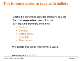 Aetna Inc.Writing Plain is Everyone’s Gain
This is much easier to read with bullets
53
DocFind is our online provider directory. You can
find it at www.aetna.com. It lists our
participating providers, including:
• Doctors
• Dentists
• Optometrists
• Hospitals
• Pharmacies
We update this listing three times a week.
READING GRADE LEVEL: 5.3
 