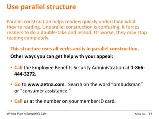 Aetna Inc.Writing Plain is Everyone’s Gain
Use parallel structure
Parallel construction helps readers quickly understand what
they‘re reading. Unparallel construction is confusing. It forces
readers to do a double-take and reread. Or worse, they may stop
reading completely.
This structure uses all verbs and is in parallel construction.
Other ways you can get help with your appeal:
• Call the Employee Benefits Security Administration at 1-866-
444-3272.
• Go to www.aetna.com. Search on the word “ombudsman”
or “consumer assistance.”
• Call us at the number on your member ID card.
54
 