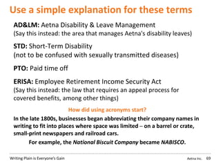 Aetna Inc.Writing Plain is Everyone’s Gain
Use a simple explanation for these terms
69
AD&LM: Aetna Disability & Leave Management
(Say this instead: the area that manages Aetna's disability leaves)
STD: Short-Term Disability
(not to be confused with sexually transmitted diseases)
PTO: Paid time off
ERISA: Employee Retirement Income Security Act
(Say this instead: the law that requires an appeal process for
covered benefits, among other things)
How did using acronyms start?
In the late 1800s, businesses began abbreviating their company names in
writing to fit into places where space was limited ─ on a barrel or crate,
small-print newspapers and railroad cars.
For example, the National Biscuit Company became NABISCO.
 