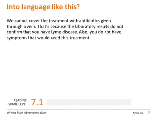 Aetna Inc.Writing Plain is Everyone’s Gain
Into language like this?
We cannot cover the treatment with antibiotics given
through a vein. That’s because the laboratory results do not
confirm that you have Lyme disease. Also, you do not have
symptoms that would need this treatment.
7
READING
GRADE LEVEL 7.1
 