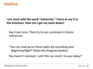 Aetna Inc.Writing Plain is Everyone’s Gain
Hotline
82
I am stuck with the word “maternity.” I have to say it in
this brochure. How can I get my score down?
Say it just once. Then try to use a pronoun in future
references.
“You can read up on these topics by consulting your
Beginning Right® Maternity Program booklet.
You haven’t received it yet? We can send it to you today!”
 