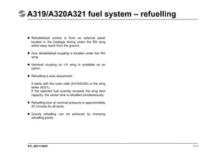 STL 945.7136/97
A319/A320A321 fuel system – refuelling
7.11
 Refuel/defuel control is from an external panel
located in the fuselage fairing under the RH wing
within easy reach from the ground.
 One refuel/defuel coupling is located under the RH
wing.
 Identical coupling on LH wing is available as an
option.
 Refuelling is auto sequenced :
It starts with the outer cells (A319/A320) or the wing
tanks (A321).
If the selected fuel quantity exceeds the wing tank
capacity, the center tank is refuelled simultaneously.
 Refuelling time at nominal pressure is approximately
20 minutes for all tanks.
 Gravity refuelling can be achieved by overwing
refuelling points.
 