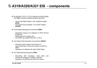 STL 945.7136/97 12.3
A319/A320/A321 EIS - components
 Six identical (7.25 in x 7.25 in) cathode ray tubes Display
Units (DU), including integrated graphics generator :
- Two primary flight displays + two navigation display
(EFIS)
- One engine warning display + one system display
(ECAM)
 Three Display Management Computers (DMC)
- Generating images to be displayed on PFD, ND and
ECAM Dus
- Digital data link to display units
- No.3 DMC may replace either No.1 or No.2
 Two System Data Acquisition Concentrators (SDAC)
- Acquiring systems data for transmission of
caution/warnings to FWCs and systems condition to
DMCs
- Operations not affected with either SDAC failure.
 Two Flight Warning Computers (FWC)
- Generating alert messages, aural alerts and
procedural messages for display on ECAM
- operations not affected with either FWC failure.
 