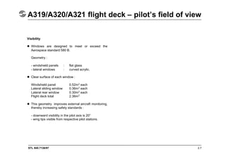 STL 945.7136/97 2.7
A319/A320/A321 flight deck – pilot’s field of view
Visibility
 Windows are designed to meet or exceed the
Aerospace standard 580 B.
Geometry :
- windshield panels : flat glass
- lateral windows : curved acrylic.
 Clear surface of each window :
Windshield panel 0.52m2 each
Lateral sliding window 0.36m2 each
Lateral rear window 0.30m2 each
Flight deck total 2.36m2
 This geometry improves external aircraft monitoring,
thereby increasing safety standards :
- downward visibility in the pilot axis is 20°
- wing tips visible from respective pilot stations.
 
