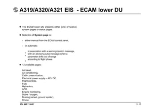 STL 945.7136/97 12.17
A319/A320/A321 EIS - ECAM lower DU
 The ECAM lower DU presents either (one of twelve)
system pages or status pages.
 Selection of System page is :
- either manual from the ECAM control panel,
- or automatic
in association with a warning/caution message,
with an advisory pulse message when a
parameter drifts out of range
according to flight phase.
 12 available pages :
Air bleed,
Air conditioning,
Cabin pressurization,
Electrical power supply – AC / DC,
Flight controls,
Fuel,
Hydraulics,
APU,
Engine monitoring,
Doors / oxygen,
Braking (wheel, ground spoiler),
Cruise.
•
•
•
 