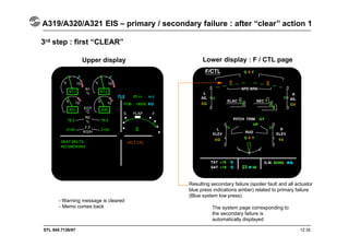 STL 945.7136/97 12.35
Upper display Lower display : F / CTL page
3rd step : first “CLEAR”
Resulting secondary failure (spoiler fault and all actuator
blue press indications amber) related to primary failure
(Blue system low press)
A319/A320/A321 EIS – primary / secondary failure : after “clear” action 1
- Warning message is cleared
- Memo comes back The system page corresponding to
the secondary failure is
automatically displayed
 