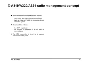 STL 945.7136/97 13.3
A319/A320/A321 radio management concept
 Radio Management Panel (RMP) system provides :
- crew control of all radio communication systems
- back-up of the two FMGCs for controlling all radio
navigation systems
 Basic installation includes :
- two RMPs on pedestal
- full provision for installation of a third RMP on
overhead panel
 The ATC transponder is tuned by a separate
conventional control panel.
 