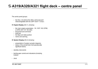 STL 945.7136/97 2.15
A319/A320/A321 flight deck – centre panel
The centre panel groups :
- two Dus, one above the other, same size and
interchangeable with the CAPT and F / O Dus :
 Engine Display (DU 1), showing :
- the main engine parameters : N1, EGT; N2 (CFM)
or EPR, EGT, N1, N2 (IAE)
- thrust limit and command
- total fuel
- the flaps and slats position
- memo and warning.
 System Display (DU 2) showing :
- presentation of system synoptic diagrams
- status of the aircraft (list of all operationally
significant items)
- standby instruments
- landing gear control and indications (including
brakes)
- clock
 