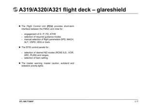 STL 945.7136/97 2.17
A319/A320/A321 flight deck – glareshield
 The Flight Control Unit (FCU) provides short-term
interface between the FMGC and crew for :
- engagement of A / P, FD, ATHR
- selection of required guidance modes
- manual selection of flight parameters SPD, MACH,
ALT, VSPD, HDG or track.
 The EFIS control panels for :
- selection of desired ND modes (ROSE-ILS, -VOR,
ARC, PLAN) and ranges,
- selection of baro setting.
 The master warning, master caution, autoland and
sidestick priority lights.
 