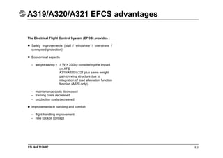 STL 945.7136/97
A319/A320/A321 EFCS advantages
5.3
The Electrical Flight Control System (EFCS) provides :
 Safety improvements (stall / windshear / overstress /
overspeed protection)
 Economical aspects
- weight saving = W > 200kg considering the impact
on AFS
A319/A320/A321 plus same weight
gain on wing structure due to
integration of load alleviation function
function (A320 only).
- maintenance costs decreased
- training costs decreased
- production costs decreased
 Improvements in handling and comfort
- flight handling improvement
- new cockpit concept
 