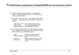 STL 945.7136/97
Performance comparison of sidestick/FBW and conventional controls
5.17
 A300 flying testbed equipped with dual sidestick/FBW
system (left side) and control column conventional flight
control system (right side).
 Two pilots twice flew each of the following three flight
conditions in well-specified and demanding experimental
circuits :
- Flight Director (FD) : FD and autothrottle system on,
- ILS (raw data) : FD and autothrottle system off,
- NDB (non-precision) : FD, autothrottle and ILS off.
 The following measurements of recorded flight parameters
were calculated when appropriate and compared for flying
with the sidestick and conventional controls :
- Mean : average of 1 second values,
- Standard deviation : amount of variation around the
mean,
- Rate zero : number of sign changes per minute,
- Reversal rate : number of direction reversals per
minute.
 