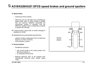 STL 945.7136/97
A319/A320/A321 EFCS speed brakes and ground spoilers
5.32
 Speed brakes
- Achieves by three surfaces
- When the sum of a roll order and a simultaneous
speed brake order on either surface is greater
than the maximum deflection achievable, the
symmetrical surface is retracted until the
difference between both corresponding surfaces
is equal to the roll order.
 If engine power is above idle, an amber message is
displayed on ECAM.
 Speedbrakes are automatically retracted when :
- selection of flaps configuration FULL for A320 and
A319 (or 3 or FULL for A321)
- AOA protection is active
 Ground spoilers
- Preselection achieved :
with control handle in the armed position and
idle thrust selected, or
by selecting reverse thrust
- Maximal extension (50°) of all surfaces then
automatically achieved when wheels speed
>72kt.
RET
1/2
FULL FULL
1/2
RET
SPEED
BRAKE
•
•
 