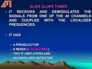 /USPR/ - ETS, HYDERABAD 61
GLIDE SLOPE TUNER
• IT RECEIVES AND DEMODULATES THE
SIGNALS FROM ONE OF THE 40 CHANNELS
AND COUPLED WITH THE LOCALISER
FREQUENCIES.
• IT HAS
– A PRESELECTOR
– A MIXER (IF IS 30.2 MHz)
– TWO IF AMPLIFIERS AND
– AN ENVELOPE DETECTOR
 