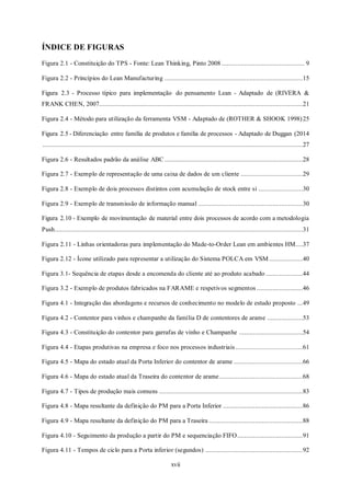 xvii
ÍNDICE DE FIGURAS
Figura 2.1 - Constituição do TPS - Fonte: Lean Thinking, Pinto 2008............................................... 9
Figura 2.2 - Princípios do Lean Manufacturing ..............................................................................15
Figura 2.3 - Processo típico para implementação do pensamento Lean - Adaptado de (RIVERA &
FRANK CHEN, 2007...................................................................................................................21
Figura 2.4 - Método para utilização da ferramenta VSM - Adaptado de (ROTHER & SHOOK 1998)25
Figura 2.5 - Diferenciação entre família de produtos e família de processos - Adaptado de Duggan (2014
...................................................................................................................................................27
Figura 2.6 - Resultados padrão da análise ABC ..............................................................................28
Figura 2.7 - Exemplo de representação de uma caixa de dados de um cliente ...................................29
Figura 2.8 - Exemplo de dois processos distintos com acumulação de stock entre si .........................30
Figura 2.9 - Exemplo de transmissão de informação manual ...........................................................30
Figura 2.10 - Exemplo de movimentação de material entre dois processos de acordo com a metodologia
Push............................................................................................................................................31
Figura 2.11 - Linhas orientadoras para implementação do Made-to-Order Lean em ambientes HM....37
Figura 2.12 - Ícone utilizado para representar a utilização do Sistema POLCA em VSM ...................40
Figura 3.1- Sequência de etapas desde a encomenda do cliente até ao produto acabado .....................44
Figura 3.2 - Exemplo de produtos fabricados na FARAME e respetivos segmentos ..........................46
Figura 4.1 - Integração das abordagens e recursos de conhecimento no modelo de estudo proposto ...49
Figura 4.2 - Contentor para vinhos e champanhe da família D de contentores de arame ....................53
Figura 4.3 - Constituição do contentor para garrafas de vinho e Champanhe ....................................54
Figura 4.4 - Etapas produtivas na empresa e foco nos processos industriais......................................61
Figura 4.5 - Mapa do estado atual da Porta Inferior do contentor de arame .......................................66
Figura 4.6 - Mapa do estado atual da Traseira do contentor de arame...............................................68
Figura 4.7 - Tipos de produção mais comuns .................................................................................83
Figura 4.8 - Mapa resultante da definição do PM para a Porta Inferior .............................................86
Figura 4.9 - Mapa resultante da definição do PM para a Traseira .....................................................88
Figura 4.10 - Seguimento da produção a partir do PM e sequenciação FIFO.....................................91
Figura 4.11 - Tempos de ciclo para a Porta inferior (segundos) .......................................................92
 