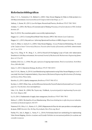 146
Referênciasbibliográficas
Alves, T. C. L., Tommelein, I. D., Ballard, G., (2005). Value Stream Mapping for Make-to-Order products in a
JobShop environment, ConstructionResearch Congress held in San Diego, ca, 5-7.
Anthony, J., Kumar, M., (2011). Lean SixSigma: Researchand Practice, Bookboon, 978-87-7681-768-8.
Avraham, Y., (2001).The Theory ofConstraintsand itsThinking Processes,A briefintroductionto TOC,Goldratt
Institute, LP.
Bain, N, (2010). The consultants guide to successfullyimplementing5s.
Duggan, K. J., (2012). CreatingMixed Model Value Streams, MWCC Mid-Atlantic Lean Conference.
Duggan, K. J., (2015). Beyond Lean: Achieving Operational Excellence in MRO, Duggan Associates.
Emil, S., Mihai, A., Ionela, R. A., (2005). Value Stream Mapping - A Lean ProductionMethodology, The Annals
of the "ştefan cel mare" Universityof Suceava. Fascicle of the Faculty of Economics and Public Administration
vol. 11, no. 1(13).
Eng, H. K., Ching, H. W., Bong, C. S., (2015), Paired-Cell Overlapping Loops of Cards with Authorization
Simulation in Job Shop environment, International Journal of Mechanical & Mechatronics Engineering Ijmme-
Ijens vol:15no:03.
Goldratt, E.M, Cox. J., (1984). The goal, a process of ongoing improvement, Third revisededition, North River
Press, 800-486-2665.
James, T., (2011). Operations Strategy, Bookboon, 978-87-7681-828-9.
Jasti, N. N. K., Sharma, A, (2014). LeanManufacturing implementationusingValue Stream Mapping as a tool: A
casestudy fromAuto ComponentsIndustry, DepartmentofMechanicalEngineering,BirlaInstituteofTechnology
and Science (bits), Pilani, India.
Knowles, G., (2011). Qualitymanagement, Bookboon, 978-87-7681-875-3.
Kochnev, I., (2007).What,if any, arethe differencesbetweentheToyotaProductionSystemand Lean?A research
paper by:Yvan Kochnev, Innovationlighthouse
Liker, J. K., David, M., (2004). The Toyota way. Fieldbook, A practical guide for implementingToyotas 4p’s.
New York: Mcgraw-Hill.
Lu, D., (2011). Fundamentals of supply chain management, Bookboon, 978-87-7681-798-5.
Melton, T., (2005). The benefits of Lean Manufacturing: What Lean thinking has to offerthe process industries,
institution of chemical engineers, 662-673
Nazareno, R. R., Silva, A. L., Rentes,A. F., (2003).Mapeamentodofluxo de valor para produtoscomampla gama
de peças, XXIIII Encontro Nac. De Eng. De produção, Ouro Preto, mg, Brasil
Parihar, P.S., Jain, S., Bajpai, L., Varma, P. L., (2014). Performancebased new methodologyfor implementing
Value Stream Mapping, Scholars Academicand Scientific Publisher (an international publisherforacademicand
scientific resources)
 