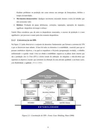 9
Ocultam problemas na produção tais como atrasos nas entregas de fornecedores, defeitos e
tempos de inatividade;
 Movimentos desnecessários: Qualquer movimento executado durante o turno de trabalho que
não acrescenta valor;
 Defeitos: Produção de peças defeituosas, correções, reparações, operações de inspeção;
significam desperdício de tempo e esforço.
Taiichi Ohno considerou que, de entre os desperdícios enunciados, o excesso de produção é o mais
significativo por provocar a maior parte dos restantes desperdícios.
2.1.3 CONSTITUIÇÃO DO TPS
Na Figura 2.1 pode observar-se o conjunto de elementos fundamentais que formam a estrutura do TPS
e que se descrevem mais adiante. A base de todos os elementos é a estabilidade, essencial para que se
possam estabelecer objetivos, e na qual se enquadram o Heijunka (programação nivelada), o trabalho
uniformizado e a gestão visual. Uma vez obtida a estabilidade erguem-se os pilares deste sistema que
são a produção Just in Time (JIT) e Jidoka (modo de utilização de máquinas e mão-de-obra) que
suportam os objetivos cruciais que consistem na obtenção de uma elevada qualidade a um baixo custo,
com flexibilidade e agilidade (PINTO 2008).
Figura 2.1 - Constituição do TPS - Fonte: Lean Thinking, Pinto (2008)
 