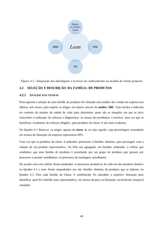 49
Figura 4.1 - Integração das abordagens e recursos de conhecimento no modelo de estudo proposto
4.2 SELEÇÃO E DESCRIÇÃO DA FAMÍLIA DE PRODUTOS
4.2.1 ANÁLISE DAS VENDAS
Para suportar a seleção de uma família de produtos foi efetuada uma análise das vendas da empresa nos
últimos seis meses, para separar os artigos em classes através da análise ABC. Esta técnica é utilizada
no contexto de estudos da cadeia de valor para determinar quais são as situações em que se deve
concentrar a realização de esforços e diagnosticar as causas dos problemas a resolver, uma vez que os
benefícios resultantes de esforços dirigidos para produtos de classe A são mais evidentes.
No Quadro 4.1 listam-se os artigos apenas da classe A, ou seja, aqueles cuja percentagem acumulada
em termos de faturação da empresa representou 80%.
Uma vez que os produtos da classe A indicados pertencem a famílias distintas, para prosseguir com a
seleção de um produto representativo, foi feita sua agregação em famílias utilizando o critério que
estabelece que uma família de produtos é constituída por um grupo de produtos que passam por
processos a jusante semelhantes ou processos de montagem semelhantes.
De acordo com este critério foram analisados os processos produtivos de cada um dos produtos listados
no Quadro 4.1 e estes foram enquadrados em oito famílias distintas de produtos que se indicam no
Quadro 4.2. Para cada família de Classe A estabelecida foi calculada a respetiva faturação para
identificar qual foi a família mais representativa, em termos de peso na faturação, no horizonte temporal
estudado.
Lean
Made-
to-Order
Lean
VSM
TPS
QRM
 