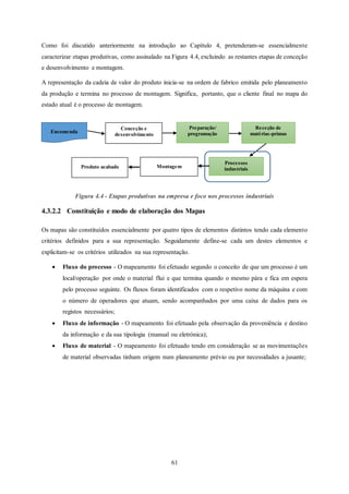 61
Como foi discutido anteriormente na introdução ao Capítulo 4, pretenderam-se essencialmente
caracterizar etapas produtivas, como assinalado na Figura 4.4, excluindo as restantes etapas de conceção
e desenvolvimento e montagem.
A representação da cadeia de valor do produto inicia-se na ordem de fabrico emitida pelo planeamento
da produção e termina no processo de montagem. Significa, portanto, que o cliente final no mapa do
estado atual é o processo de montagem.
Figura 4.4 - Etapas produtivas na empresa e foco nos processos industriais
4.3.2.2 Constituição e modo de elaboração dos Mapas
Os mapas são constituídos essencialmente por quatro tipos de elementos distintos tendo cada elemento
critérios definidos para a sua representação. Seguidamente define-se cada um destes elementos e
explicitam-se os critérios utilizados na sua representação.
 Fluxo do processo - O mapeamento foi efetuado segundo o conceito de que um processo é um
local/operação por onde o material flui e que termina quando o mesmo pára e fica em espera
pelo processo seguinte. Os fluxos foram identificados com o respetivo nome da máquina e com
o número de operadores que atuam, sendo acompanhados por uma caixa de dados para os
registos necessários;
 Fluxo de informação - O mapeamento foi efetuado pela observação da proveniência e destino
da informação e da sua tipologia (manual ou eletrónica);
 Fluxo de material - O mapeamento foi efetuado tendo em consideração se as movimentações
de material observadas tinham origem num planeamento prévio ou por necessidades a jusante;
Encomenda
Conceção e
desenvolvimento
Processos
industriaisMontagemProduto acabado
Preparação/
programação
Receção de
matérias-primas
 