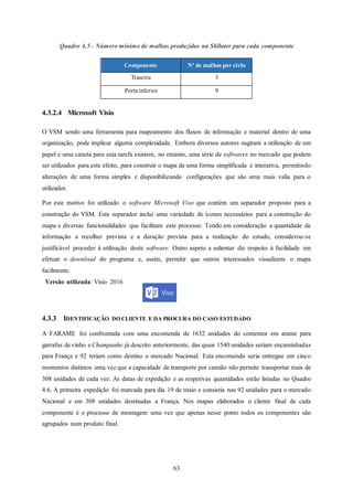 63
Quadro 4.5 - Número mínimo de malhas produzidas na Shllater para cada componente
4.3.2.4 Microsoft Visio
O VSM sendo uma ferramenta para mapeamento dos fluxos de informação e material dentro de uma
organização, pode implicar alguma complexidade. Embora diversos autores sugiram a utilização de um
papel e uma caneta para esta tarefa existem, no entanto, uma série de softwares no mercado que podem
ser utilizados para este efeito, para construir o mapa de uma forma simplificada e interativa, permitindo
alterações de uma forma simples e disponibilizando configurações que são uma mais valia para o
utilizador.
Por este motivo foi utilizado o software Microsoft Viso que contém um separador proposto para a
construção do VSM. Este separador inclui uma variedade de ícones necessários para a construção do
mapa e diversas funcionalidades que facilitam este processo. Tendo em consideração a quantidade de
informação a recolher prevista e a duração prevista para a realização do estudo, considerou-se
justificável proceder à utilização deste software. Outro aspeto a salientar diz respeito à facilidade em
efetuar o download do programa e, assim, permitir que outros interessados visualizem o mapa
facilmente.
Versão utilizada: Visio 2016
4.3.3 IDENTIFICAÇÃO DO CLIENTE E DA PROCURA DO CASO ESTUDADO
A FARAME foi confrontada com uma encomenda de 1632 unidades do contentor em arame para
garrafas de vinho e Champanhe já descrito anteriormente, das quais 1540 unidades seriam encaminhadas
para França e 92 teriam como destino o mercado Nacional. Esta encomenda seria entregue em cinco
momentos distintos uma vez que a capacidade de transporte por camião não permite transportar mais de
308 unidades de cada vez. As datas de expedição e as respetivas quantidades estão listadas no Quadro
4.6. A primeira expedição foi marcada para dia 19 de maio e consistia nas 92 unidades para o mercado
Nacional e em 308 unidades destinadas a França. Nos mapas elaborados o cliente final de cada
componente é o processo de montagem uma vez que apenas nesse ponto todos os componentes são
agrupados num produto final.
Componente Nº de malhas por ciclo
Traseira 3
Portainferior 9
 
