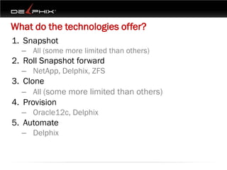 What do the technologies offer?
1. Snapshot
  – All (some more limited than others)
2. Roll Snapshot forward
  – NetApp, Delphix, ZFS
3. Clone
   – All (some more limited than others)
4. Provision
  – Oracle12c, Delphix
5. Automate
  – Delphix
 