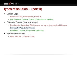 Types of solution – (part II)
• Golden Copy
   – Required: EMC, DataDirector, CloneDB
   – Not Required: Delphix, Oracle ZFS Appliance, NetApp
• Clones of Clones (snaps of snaps)
   – No: clonedb, limited on EMC to none on low end or one level high end
   – Limited: NetApp, Data Director
   – Unlimited: Delphix,, Oracle ZFS Appliance,
• Performance Issues
   – Data Director (Linked Clones)
 