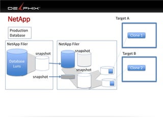 NetApp                                          Target A


 Production
 Database                                                  Clone 1

NetApp Filer               NetApp Filer
                                    snapshot
                snapshot                            Target B
 Database
   Luns                                                    Clone 2
                                     snapshot
               snapshot
 