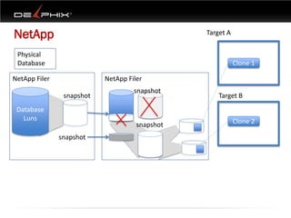 NetApp                                          Target A


 Physical
 Database                                                  Clone 1

NetApp Filer               NetApp Filer
                                    snapshot
                snapshot                            Target B
 Database
   Luns                                                    Clone 2
                                     snapshot
               snapshot
 