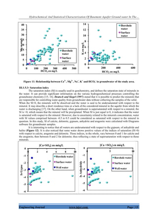 Hydrochemical And Statistical Characterization Of Basement Aquifer Ground water In The…
Engineering Journal www.iajer.com Page | 13
Figure 11: Relationship between Ca2+
, Mg2+
, Na+
, K+
and HCO3
-
in groundwater of the study area.
III.1.5.3- Saturation index
The saturation index (SI) is usually used in geochemistry, and defines the saturation state of minerals in
the water. It can provide significant information on the various hydrogeochemical processes controlling the
groundwater chemistry [15; 16]. Deutsch and Siegel (1997) stated that it is possible to predict the minerals that
are responsible for controlling water quality from groundwater data without collecting the samples of the solid.
When the SI<0, the minerals will be dissolved and the water is said to be undersaturated with respect to the
mineral. It may describe a short residence time or a lack of the considered mineral in the aquifer from which the
water is discharging [17]. On the other hand, when groundwater is supersaturated with respect to a mineral, the
SI is >0, which means that the mineral will be precipitated. When SI is just equal to 0, it indicates that the water
is saturated with respect to the mineral. However, due to uncertainty related to the minerals concentration, water
with SI values comprised between -0.5 to 0.5 could be considered as saturated with respect to the mineral in
question. In this study, SI of calcite, dolomite, gypsum, anhydrite and aragonite were calculated with Diagrams
software for groundwater samples.
It is interesting to notice that all waters are undersaturated with respect to the gypsum, of anhydride and
halite (Figure 12). It is also noticed that some water shows positive values of the indices of saturation (IS>0)
with respect to calcite, aragonite and dolomite. These indices, in the whole, vary between 0 and 1 for calcite and
the aragonite, then between 0 and 2 for dolomite; thus reflecting a state of supersaturation with respect to these
minerals.
0
5
10
15
20
25
30
35
40
0 100 200 300 400 500
Mgenmg/L
HCO3 en mg/L
Borehole
water
Surface
water
0
2
4
6
8
10
12
14
0 200 400 600
Kenmg/L
HCO3 en mg/L
Borehole
water
Surface
water
-6
-5
-4
-3
-2
-1
0
0 2 4 6 8 10
IsGypse
[Ca+SO4] en méq/L
Borehole water
Surface water
Well water
-6
-5
-4
-3
-2
-1
0
0 5 10
IsAnhydride
[Ca +SO4] en méq/L
Borehole water
Surface water
Well water
 